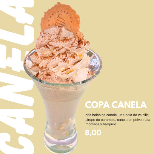 dos bolas de avellana, una bola de vainilla, avellanas, sirope de caramelo, nata montada y barquillo (8,40)