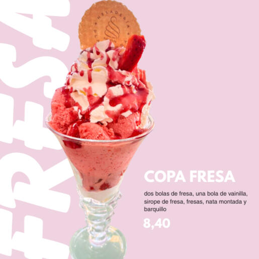 dos bolas de avellana, una bola de vainilla, avellanas, sirope de caramelo, nata montada y barquillo (8,40)