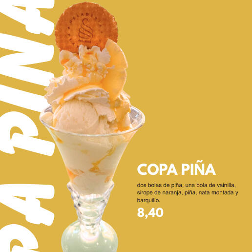 Banana Split ***(8,40)*** una bola de chocolate, una bola de plátano, una bola de vainilla, plátano, sirope de chocolate, nata montada y barquillo.